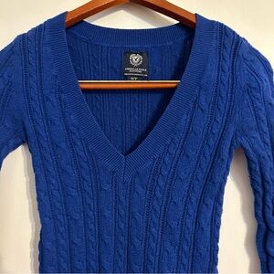 American Eagle Outfitters Sweater Womens S Y2K Cable Knit V Neck Vintage Blue
